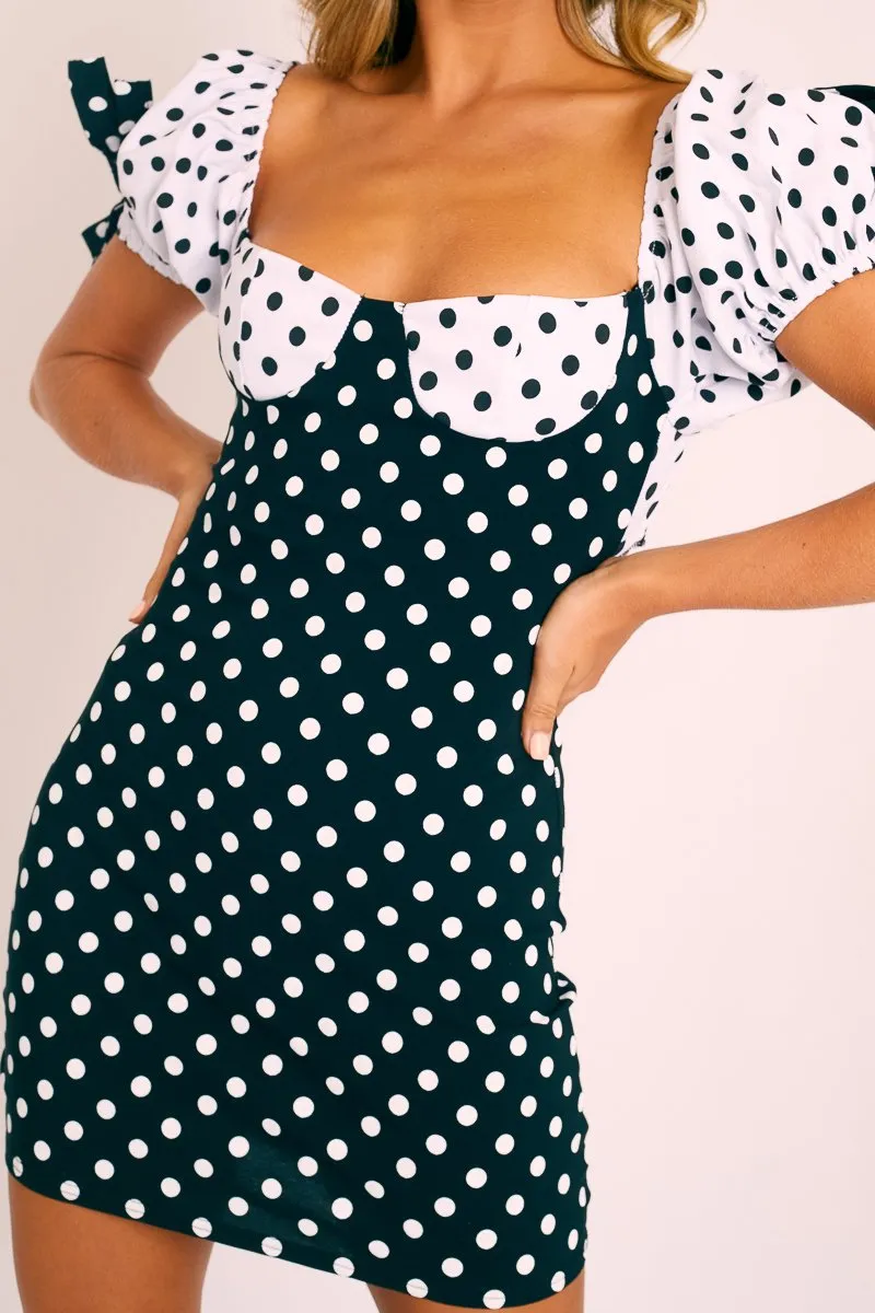 Black and White Polka Dot Milkmaid Bow Detail Sleeve Dress - Shaila