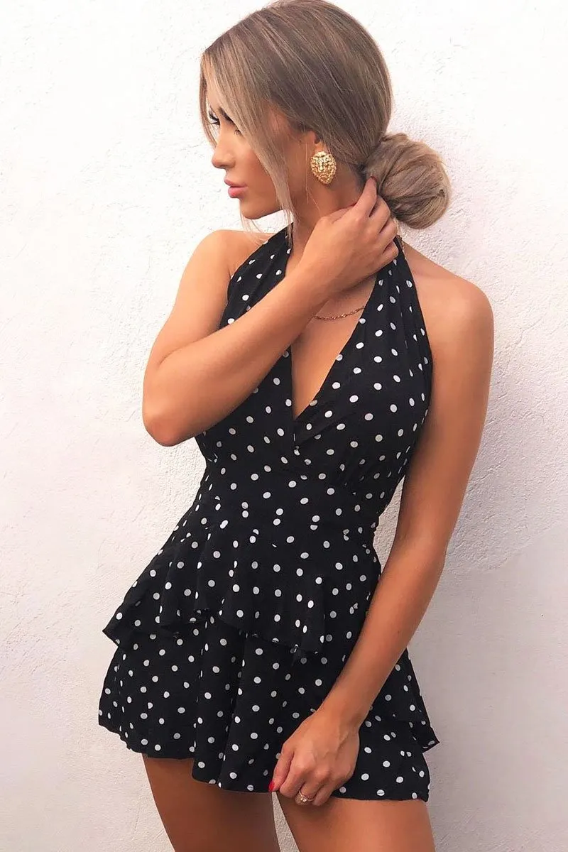 Black Polka Dot Halter Neck Ruffle Playsuit - Kallee