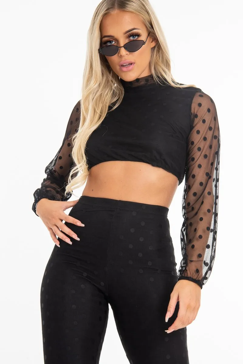 Black Polka Dot Mesh Crop Top Leggings Co-Ord - Sofia