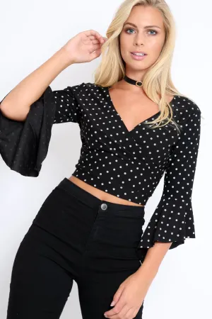 Black Polka Dot Plunge Bell Sleeve Crop Top - Merla