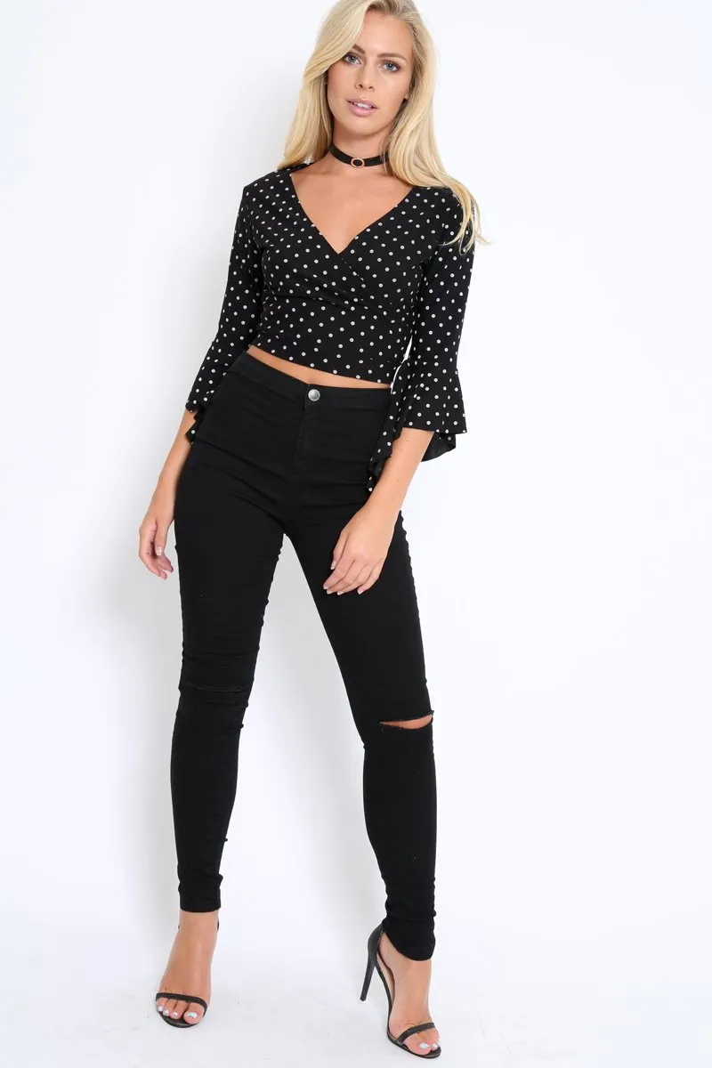 Black Polka Dot Plunge Bell Sleeve Crop Top - Merla