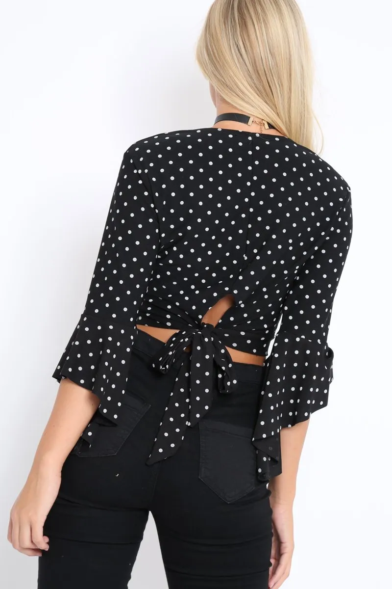 Black Polka Dot Plunge Bell Sleeve Crop Top - Merla