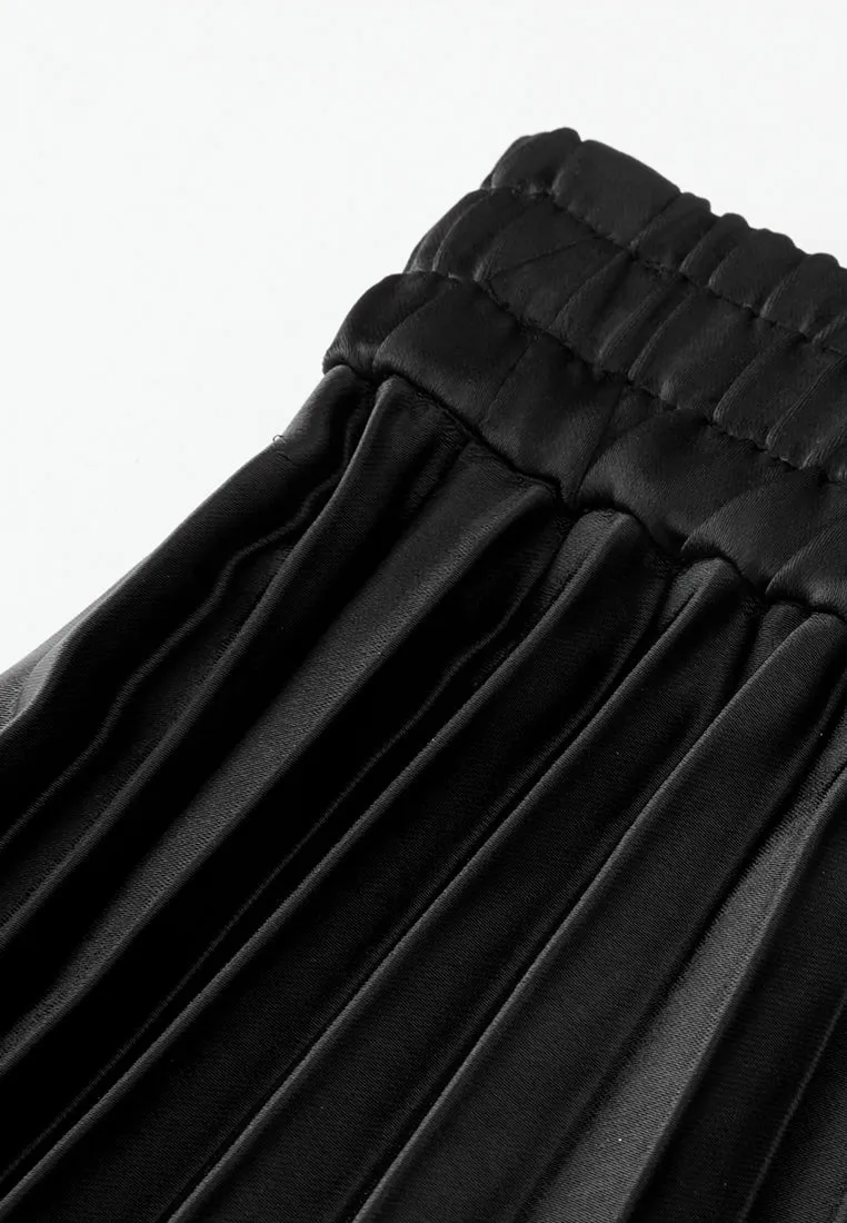 Black Satin Pleated Midi Skirt