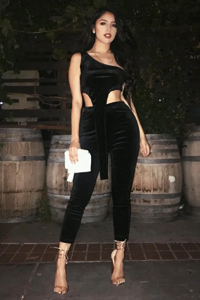 Black Velour One Shouldered Crop Top And Leggings Co-ord - Everlyn