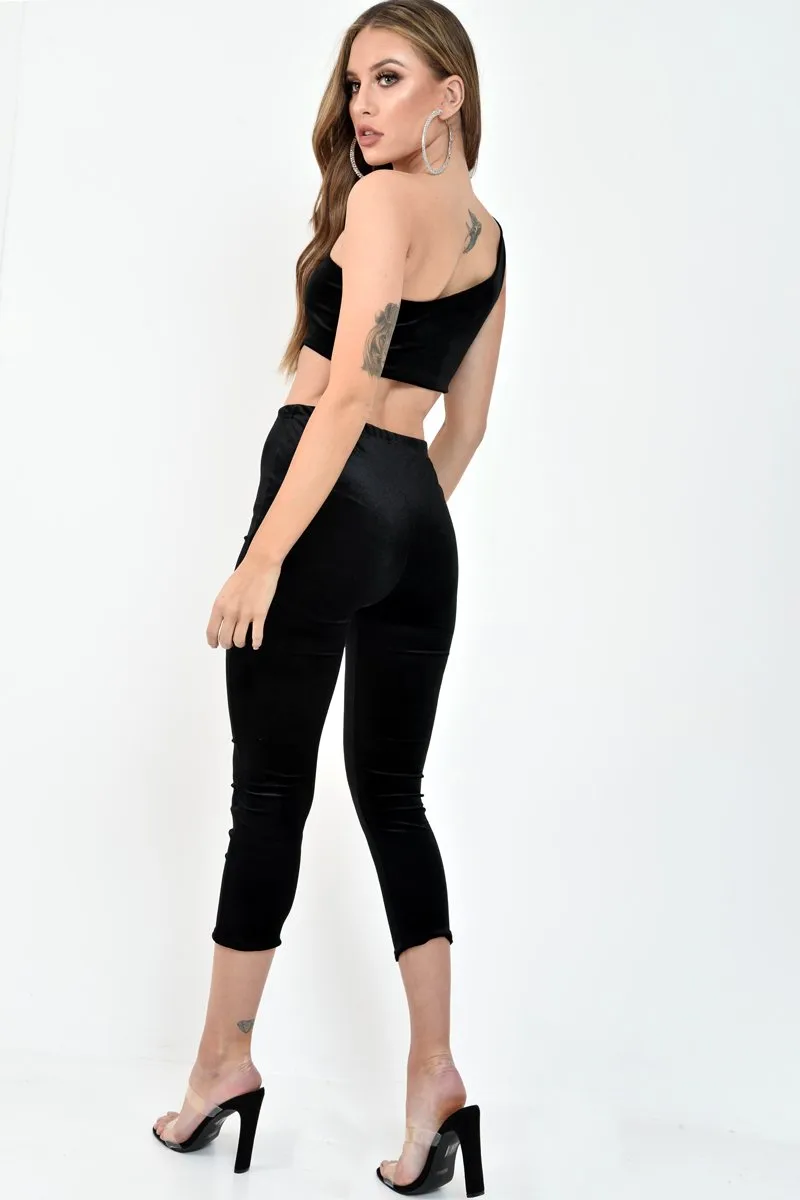 Black Velour One Shouldered Crop Top And Leggings Co-ord - Everlyn