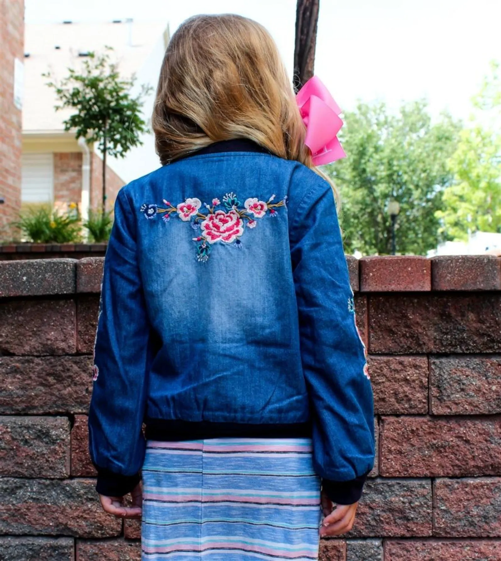 Blu & Blue Girls Embroidered Denim Flower Jacket