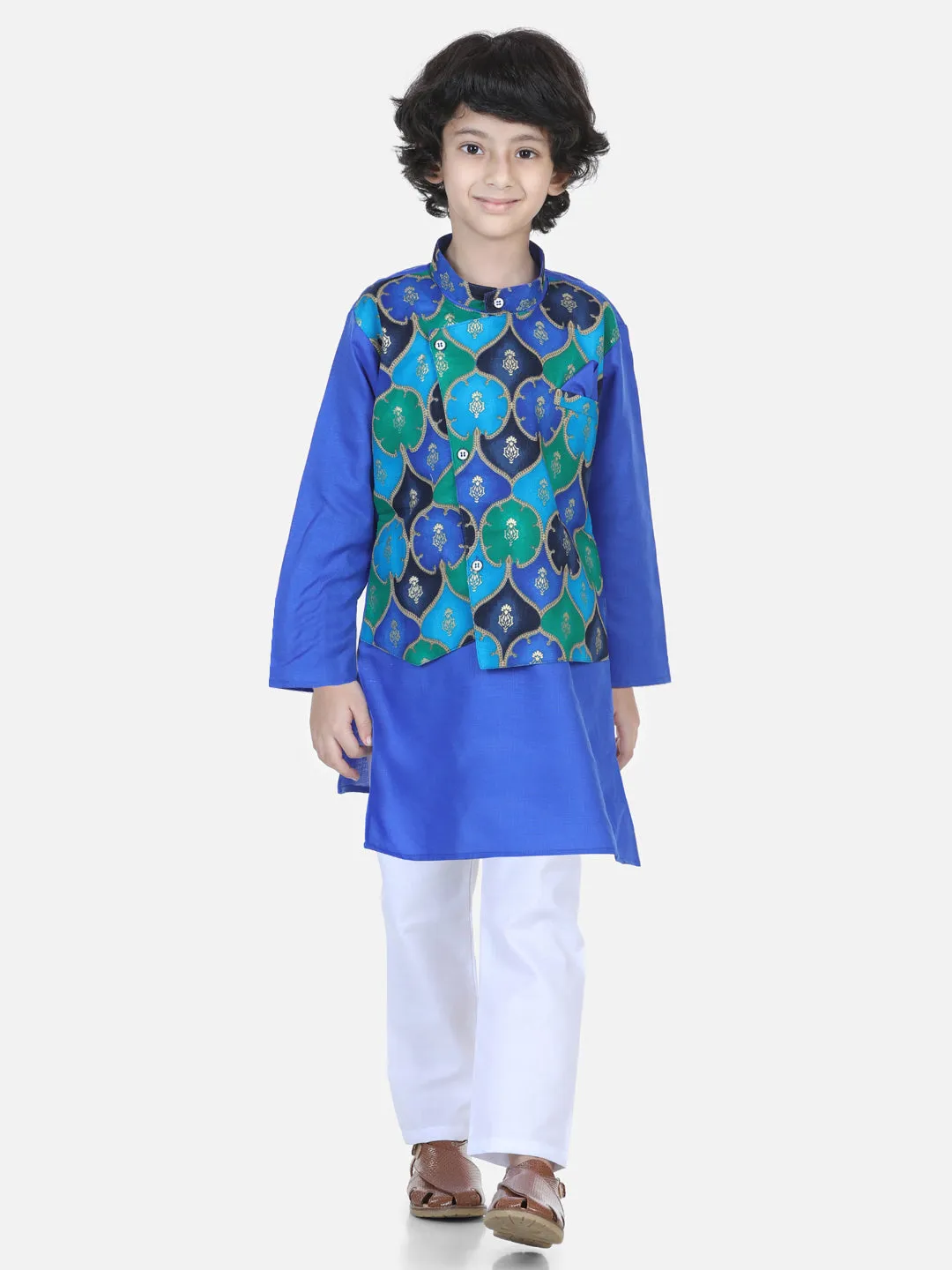 Boys Festive wear Attached Printed Jacket Kurta Pajama -Blue