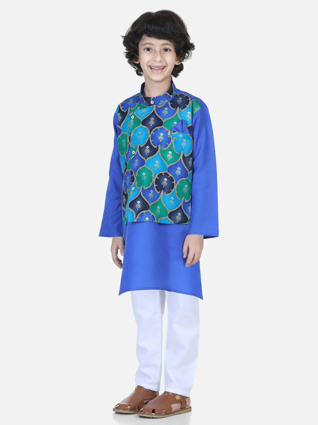 Boys Festive wear Attached Printed Jacket Kurta Pajama -Blue