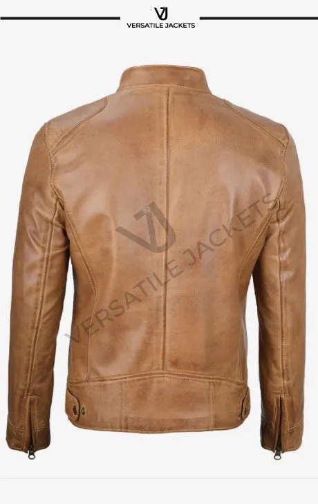 Camel Brown Men's Leather Cafe Racer Jacket