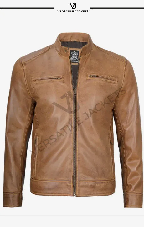 Camel Brown Men's Leather Cafe Racer Jacket