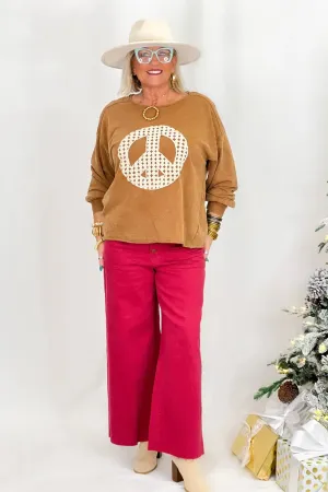 Camel Peace Sign Scallop Hem Detail Top