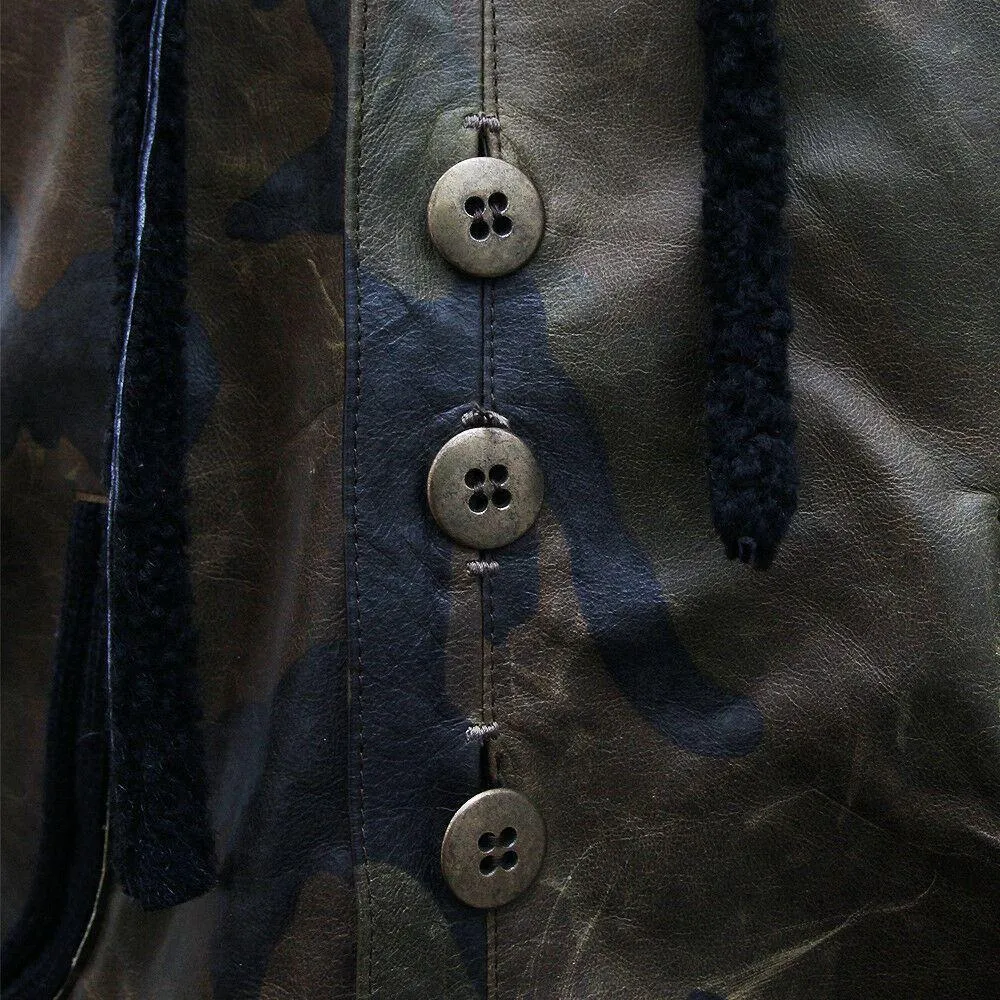 Camouflage Calfskin Leather Jacket With Fur Hood