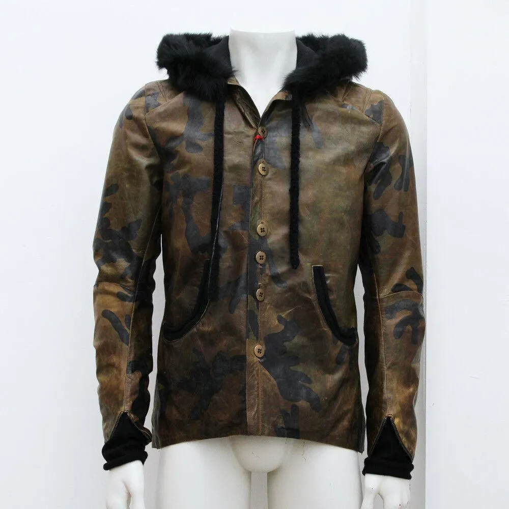 Camouflage Calfskin Leather Jacket With Fur Hood