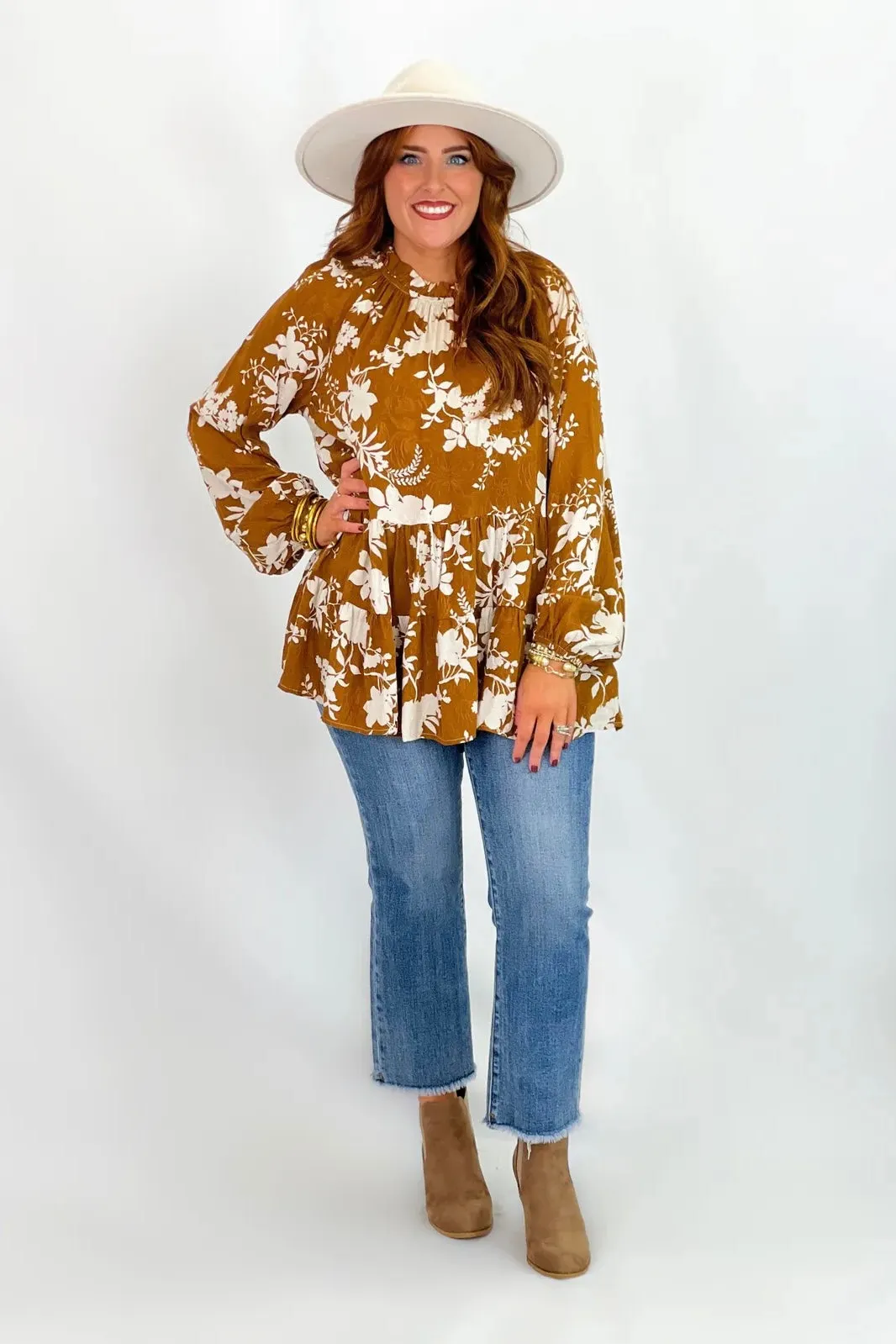 Caramel Floral Print Long Sleeve Top