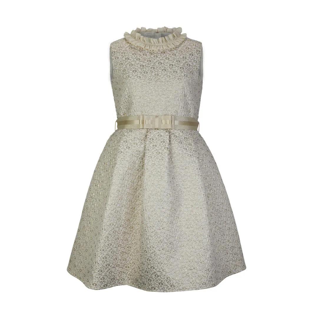 CHAMPAGNE CREAM RUFFLE NECK PLEATED BALL DRESS WITH HAIRCLIP