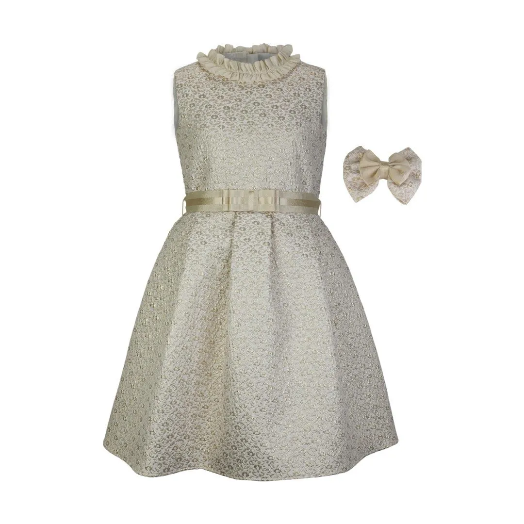 CHAMPAGNE CREAM RUFFLE NECK PLEATED BALL DRESS WITH HAIRCLIP