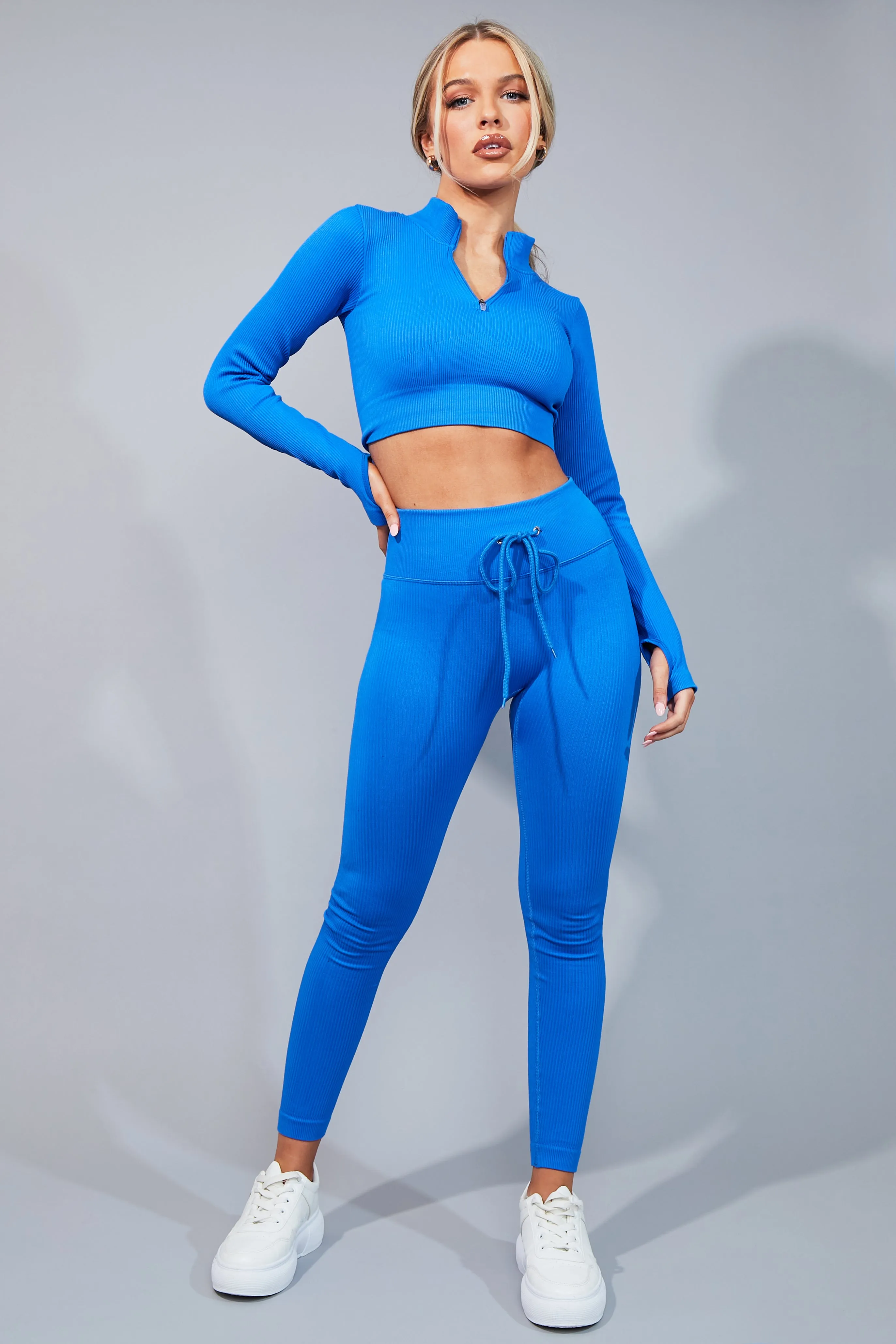 Cobalt Blue Seamless Zip Crop Top & Leggings Set - Hendri