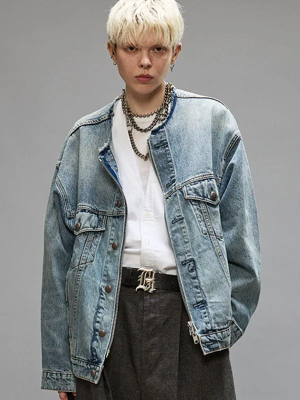 Collarless Trucker Jacket in Caxton Blue