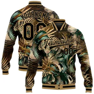 Custom Black Black-Old Gold Hawaii Palm Trees 3D Bomber Full-Snap Varsity Letterman Jacket