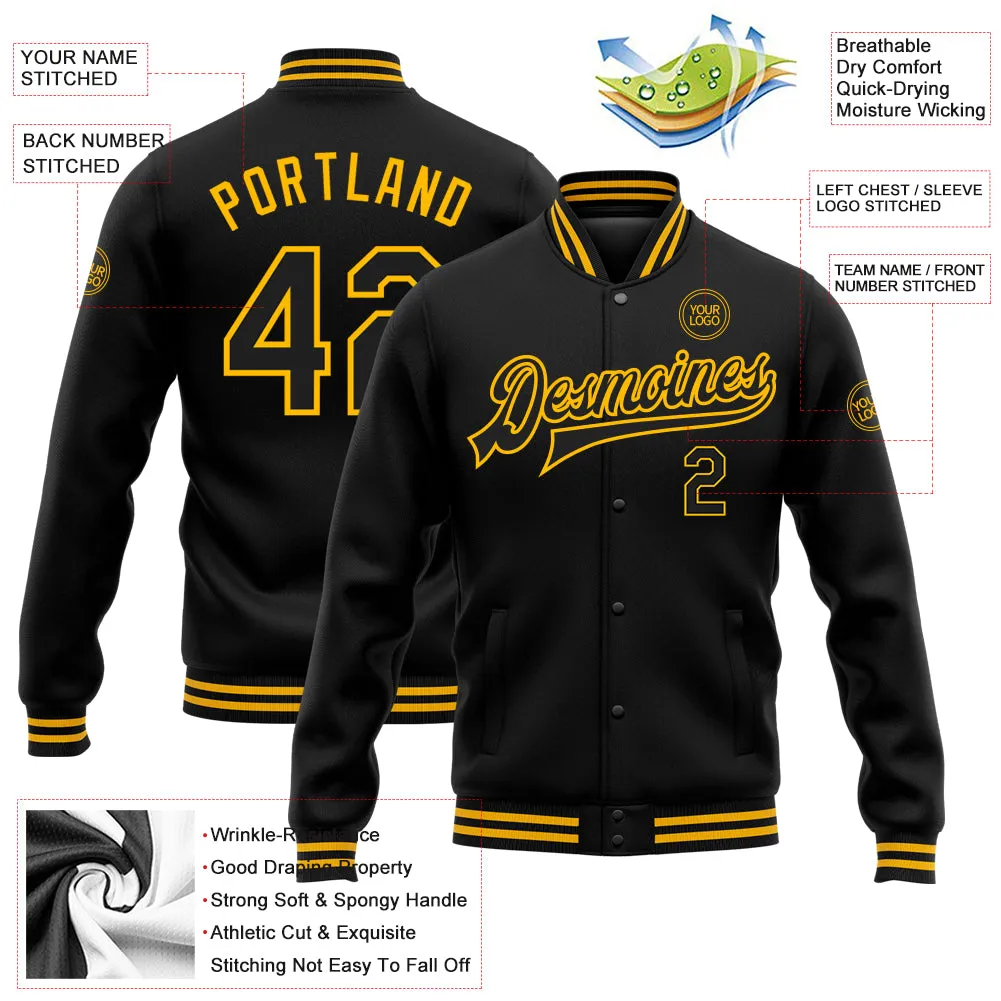 Custom Black Gold Bomber Full-Snap Varsity Letterman Jacket