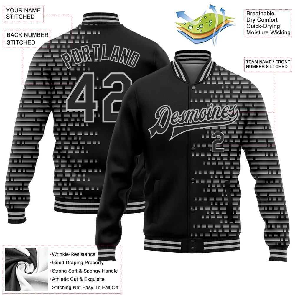 Custom Black Gray Halftone 3D Pattern Design Bomber Full-Snap Varsity Letterman Jacket