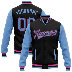 Custom Black Light Blue-Pink Bomber Full-Snap Varsity Letterman Two Tone Jacket