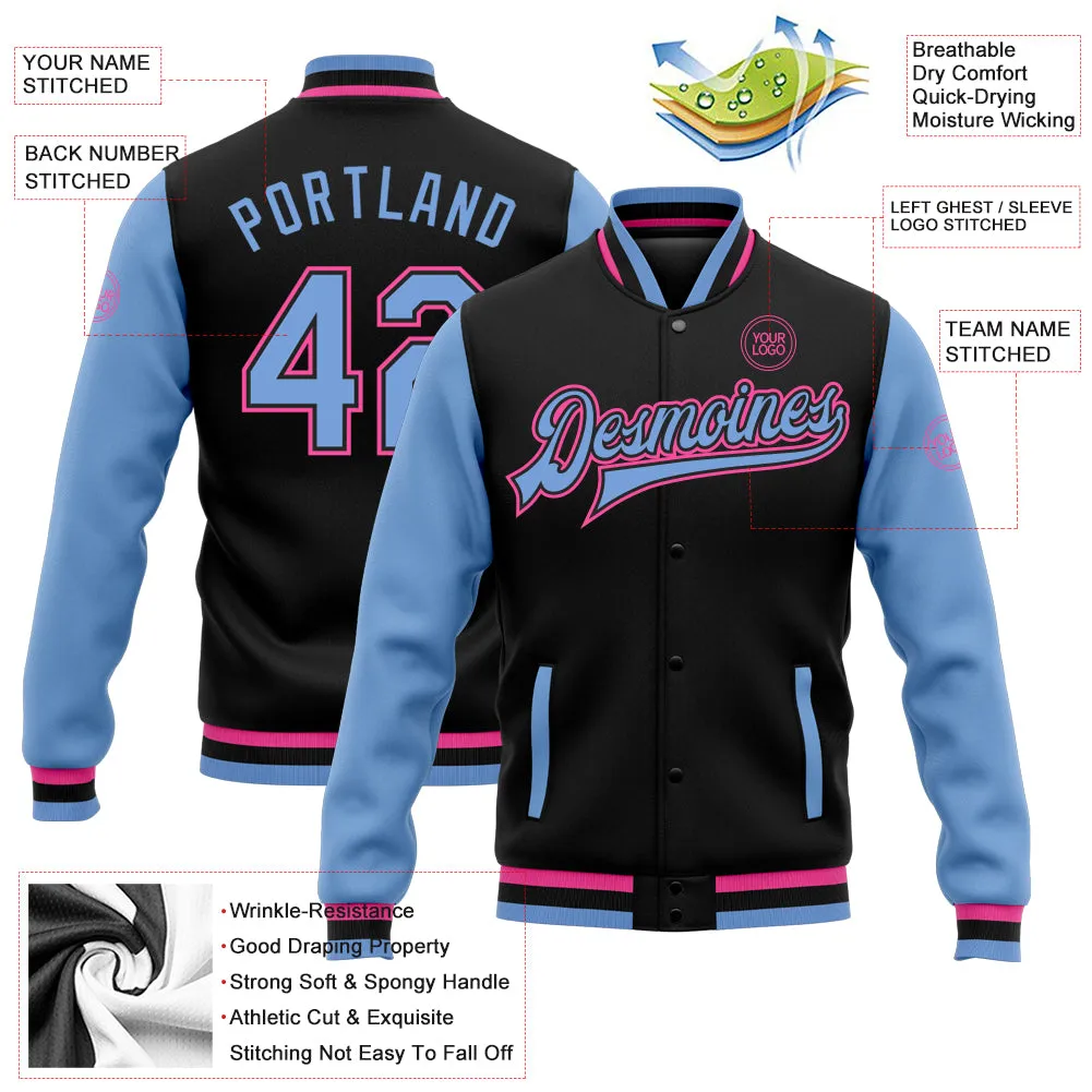 Custom Black Light Blue-Pink Bomber Full-Snap Varsity Letterman Two Tone Jacket