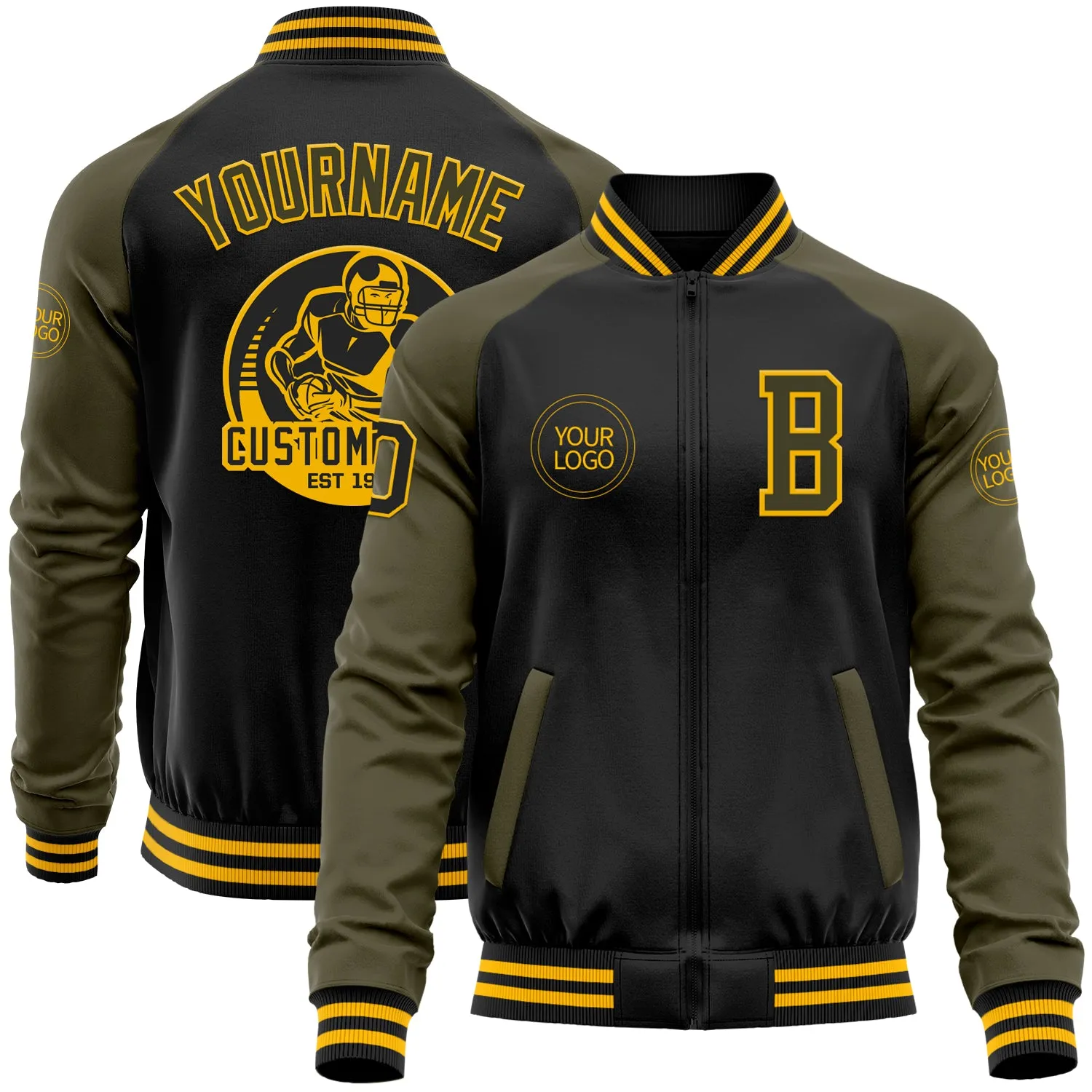 Custom Black Olive-Gold Bomber Varsity Letterman Two Tone Zipper Jacket