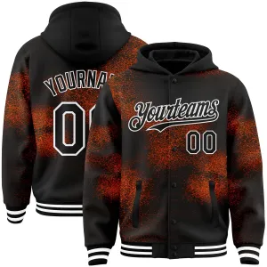 Custom Black Orange-White Abstract Network 3D Pattern Design Bomber Full-Snap Varsity Letterman Hoodie Jacket