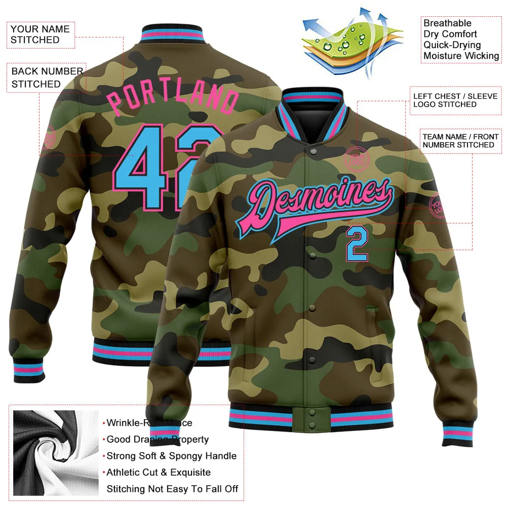 Custom Camo Sky Blue Black-Pink Bomber Full-Snap Varsity Letterman Salute To Service Jacket