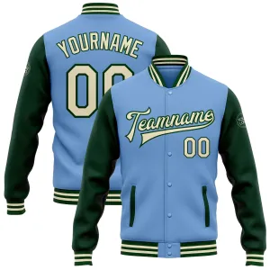 Custom Light Blue Cream-Green Bomber Full-Snap Varsity Letterman Two Tone Jacket