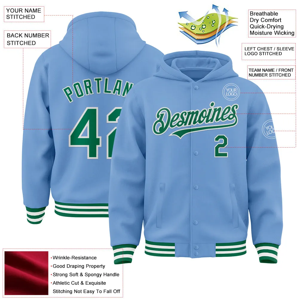 Custom Light Blue Kelly Green-White Bomber Full-Snap Varsity Letterman Hoodie Jacket