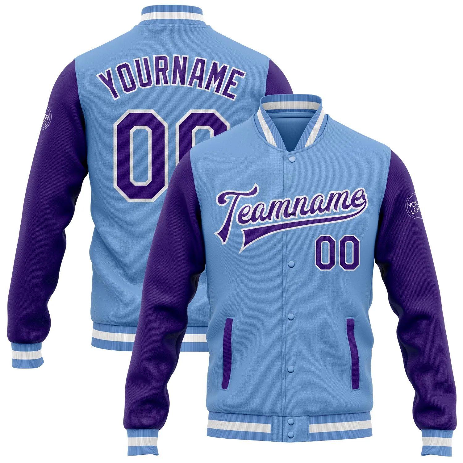 Custom Light Blue Purple-White Bomber Full-Snap Varsity Letterman Two Tone Jacket