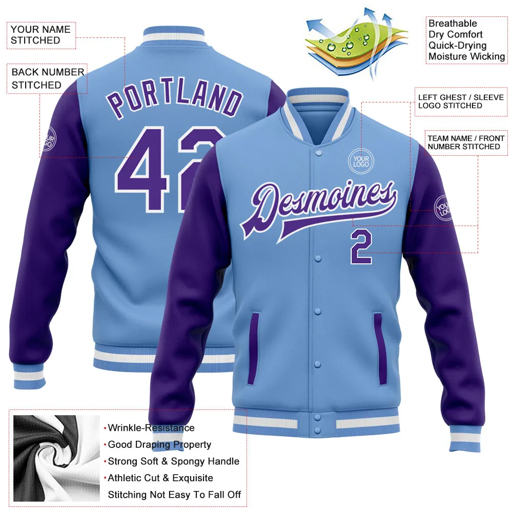 Custom Light Blue Purple-White Bomber Full-Snap Varsity Letterman Two Tone Jacket