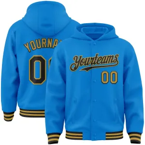 Custom Powder Blue Black-Old Gold Bomber Full-Snap Varsity Letterman Hoodie Jacket