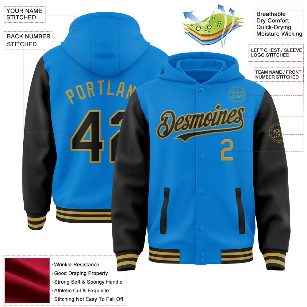 Custom Powder Blue Black-Old Gold Bomber Full-Snap Varsity Letterman Two Tone Hoodie Jacket