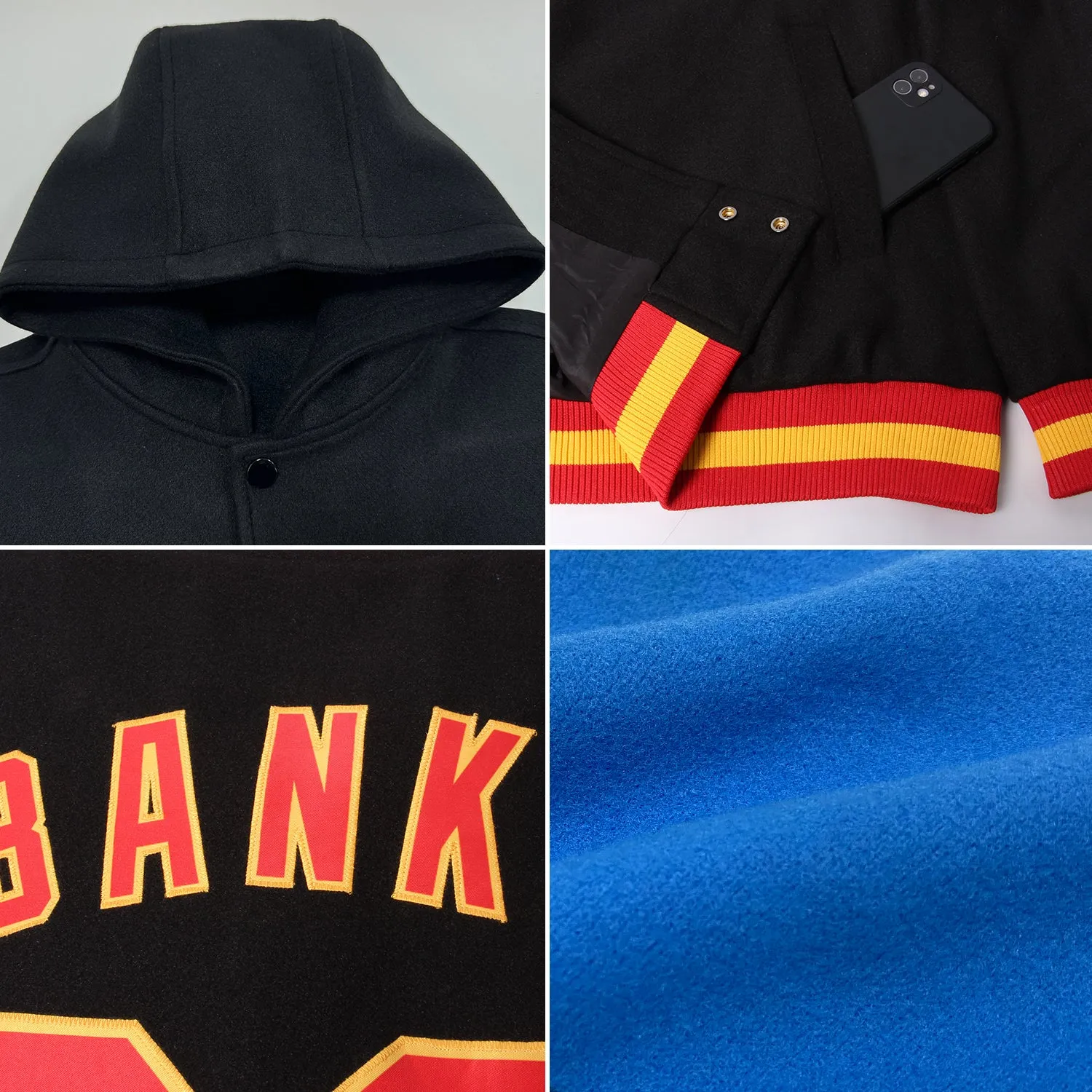 Custom Powder Blue Black-Old Gold Bomber Full-Snap Varsity Letterman Two Tone Hoodie Jacket