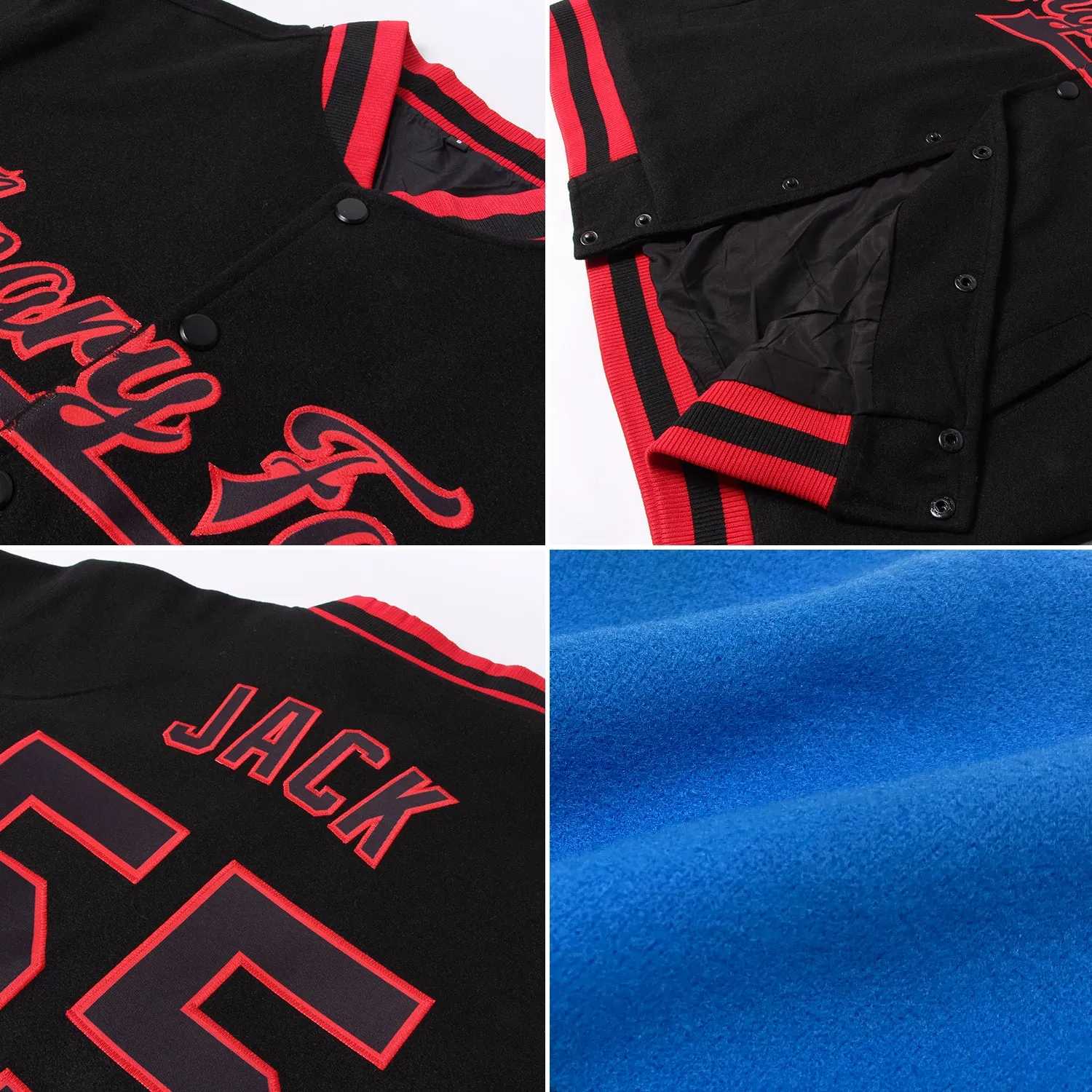 Custom Powder Blue Black-Red Bomber Full-Snap Varsity Letterman Two Tone Jacket