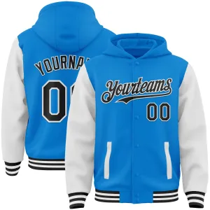 Custom Powder Blue Black-White Bomber Full-Snap Varsity Letterman Two Tone Hoodie Jacket