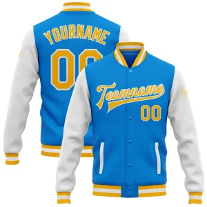 Custom Powder Blue Gold-White Bomber Full-Snap Varsity Letterman Two Tone Jacket