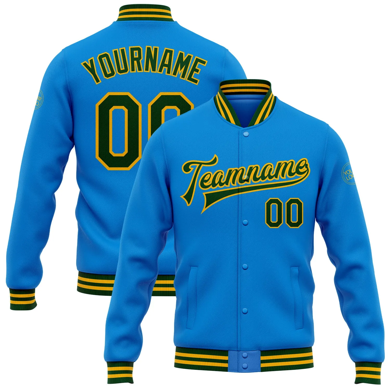 Custom Powder Blue Green-Gold Bomber Full-Snap Varsity Letterman Jacket