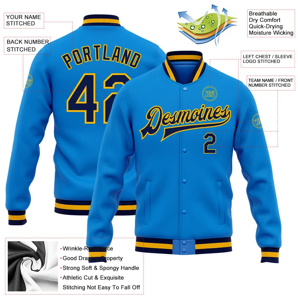 Custom Powder Blue Navy-Gold Bomber Full-Snap Varsity Letterman Jacket