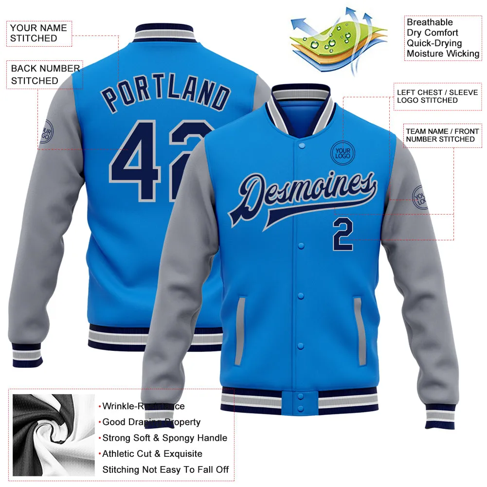 Custom Powder Blue Navy-Gray Bomber Full-Snap Varsity Letterman Two Tone Jacket