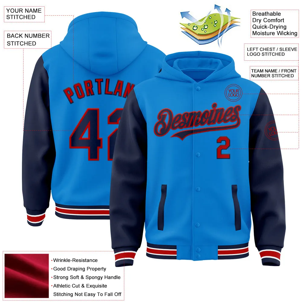 Custom Powder Blue Navy-Red Bomber Full-Snap Varsity Letterman Two Tone Hoodie Jacket