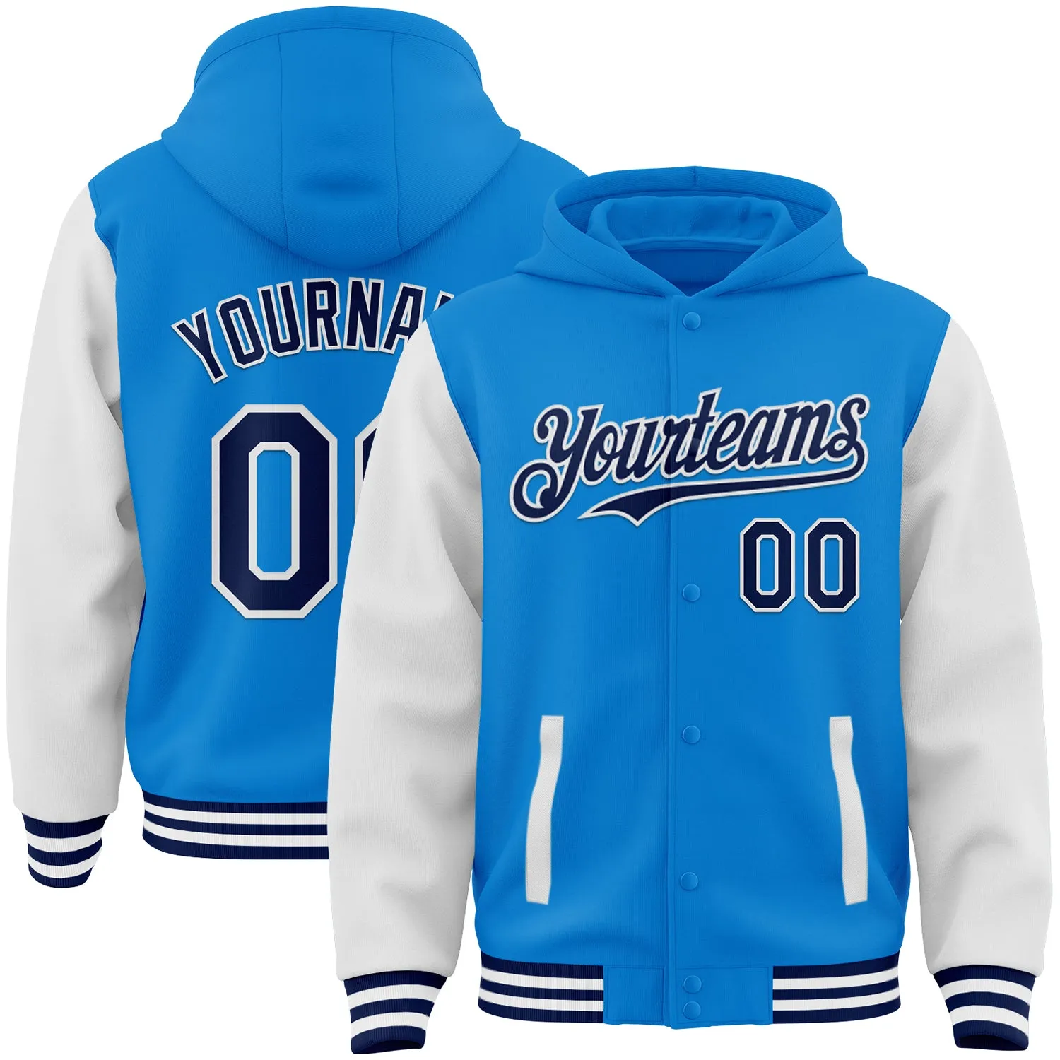 Custom Powder Blue Navy-White Bomber Full-Snap Varsity Letterman Two Tone Hoodie Jacket