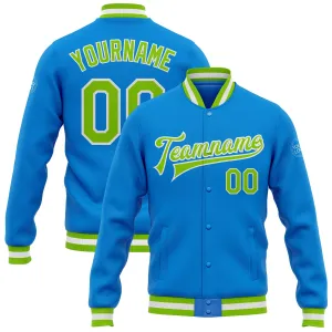 Custom Powder Blue Neon Green-White Bomber Full-Snap Varsity Letterman Jacket