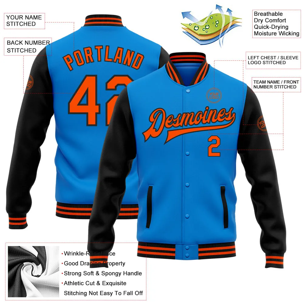 Custom Powder Blue Orange-Black Bomber Full-Snap Varsity Letterman Two Tone Jacket