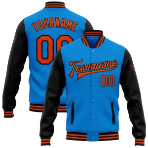 Custom Powder Blue Orange-Black Bomber Full-Snap Varsity Letterman Two Tone Jacket