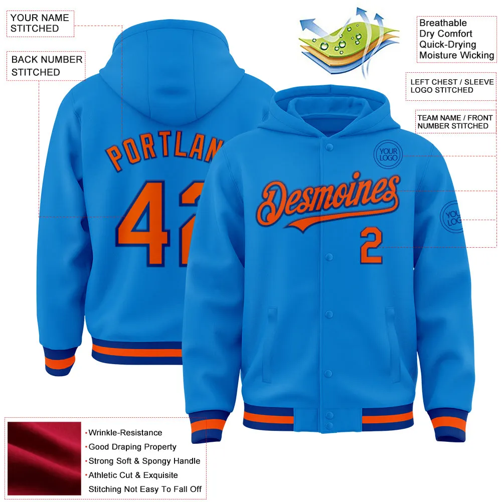 Custom Powder Blue Orange-Royal Bomber Full-Snap Varsity Letterman Hoodie Jacket