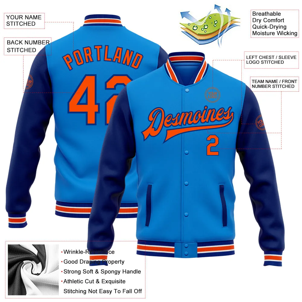 Custom Powder Blue Orange-Royal Bomber Full-Snap Varsity Letterman Two Tone Jacket